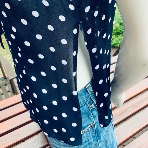 Beautiful Sheer Navy blue & white Polka Dot tank top with low Bow-tie collar - Picture 5 of 8